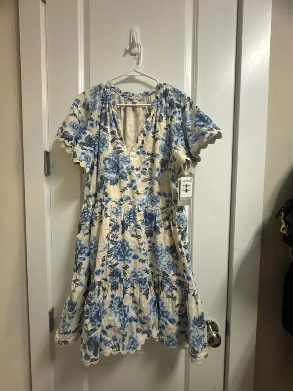 Chelsea28 Beige-Blue Tossed Bloom Floral Print Tiered Mini Dress